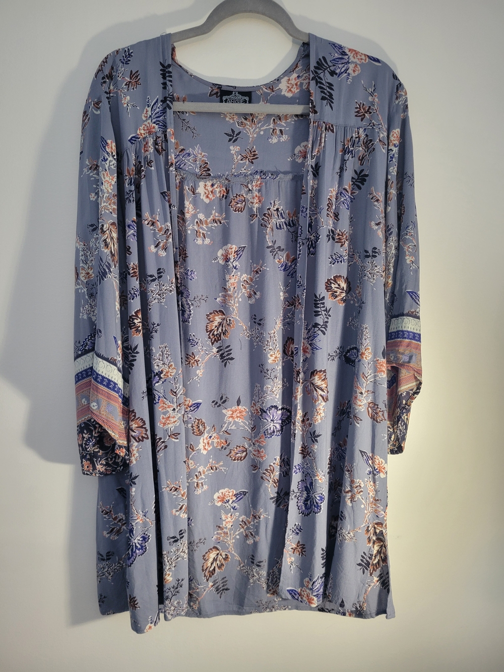 Angie Soft Blue-Gray Floral Open Front Kimono Lightweight Boho